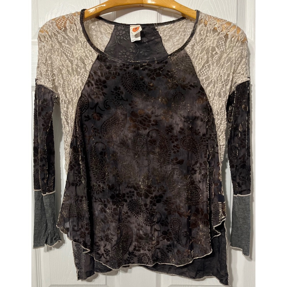 Marigold Women XS Burnout Velvet Paisley Lace Mixed Media Top Long Sleeve Boho